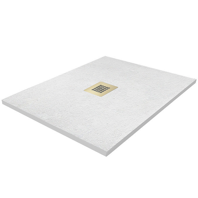 Imperia 800 x 800mm White Slate Effect Square Shower Tray + Brushed Brass Waste