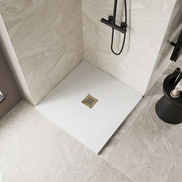 Imperia 800 x 800mm White Slate Effect Square Shower Tray + Brushed Brass Waste