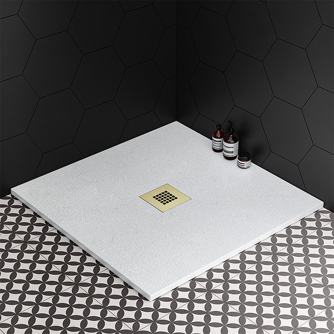 Imperia 800 x 800mm White Slate Effect Square Shower Tray + Brushed Brass Waste