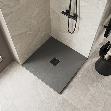 Imperia 900 x 900mm Graphite Slate Effect Square Shower Tray + Black Waste