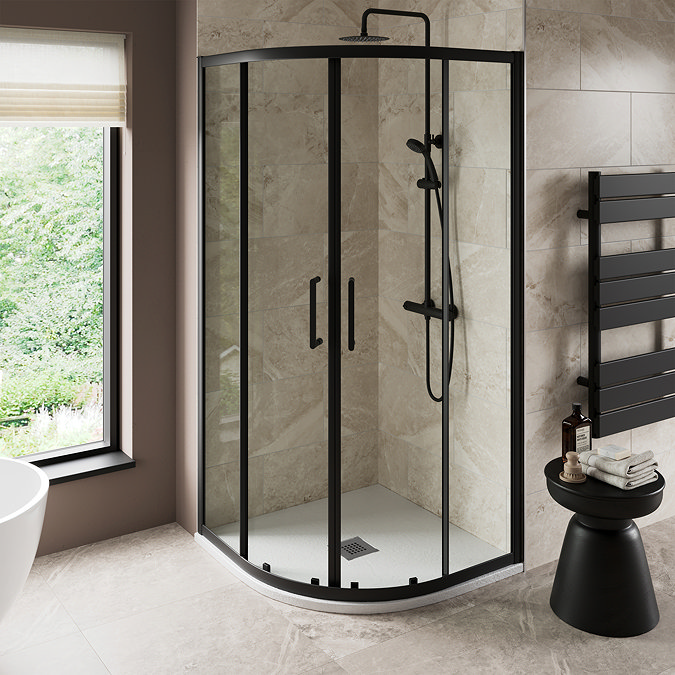 Imperia 900 x 900mm White Slate Effect Quadrant Shower Tray + Graphite Waste