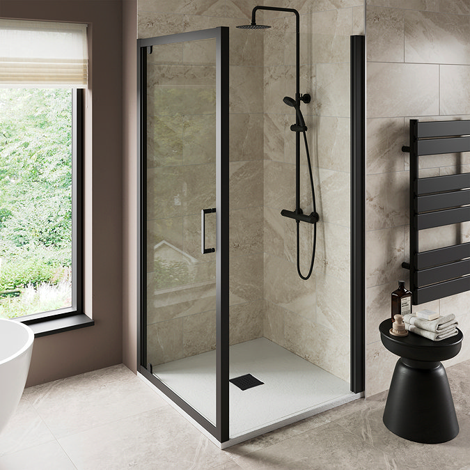 Imperia 900 x 900mm White Slate Effect Square Shower Tray + Black Waste