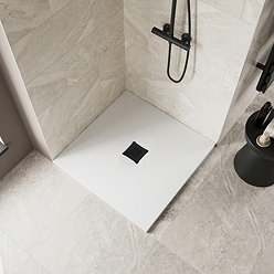 Imperia 900 x 900mm White Slate Effect Square Shower Tray + Black Waste