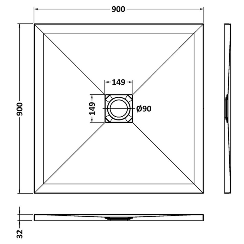 Imperia 900 x 900mm White Slate Effect Square Shower Tray + Graphite Waste