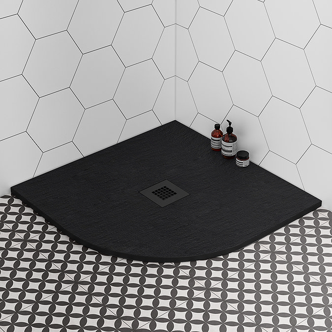 Imperia 900 x 900mm Black Slate Effect Quadrant Shower Tray + Black Waste