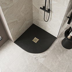 Imperia 900 x 900mm Black Slate Effect Quadrant Shower Tray + Brushed Brass Waste