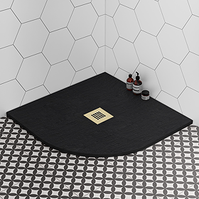 Imperia 900 x 900mm Black Slate Effect Quadrant Shower Tray + Brushed Brass Waste