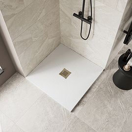 Imperia 900 x 900mm White Slate Effect Square Shower Tray + Brushed Brass Waste