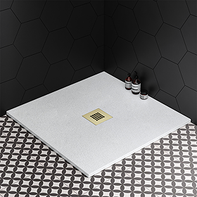 Imperia 900 x 900mm White Slate Effect Square Shower Tray + Brushed Brass Waste