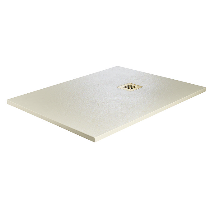 Imperia Beige Slate Effect Rectangular Shower Tray 1400 x 800mm with Brushed Brass Waste