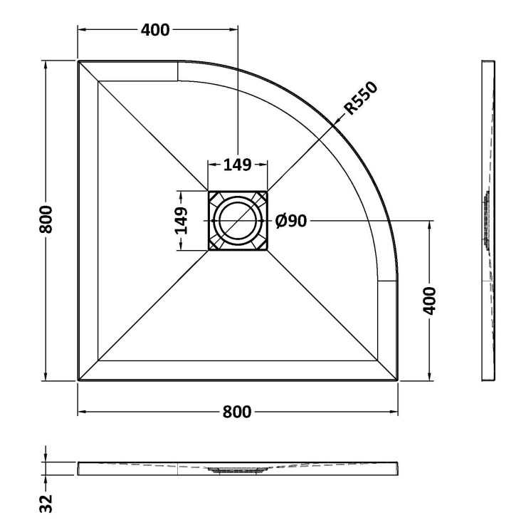 Imperia 800 x 800mm Black Slate Effect Quadrant Shower Tray with Chrome Waste