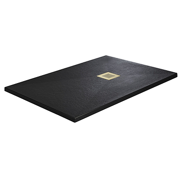 Imperia Black Slate Effect Rectangular Shower Tray 1200 x 700mm with Brushed Brass Waste