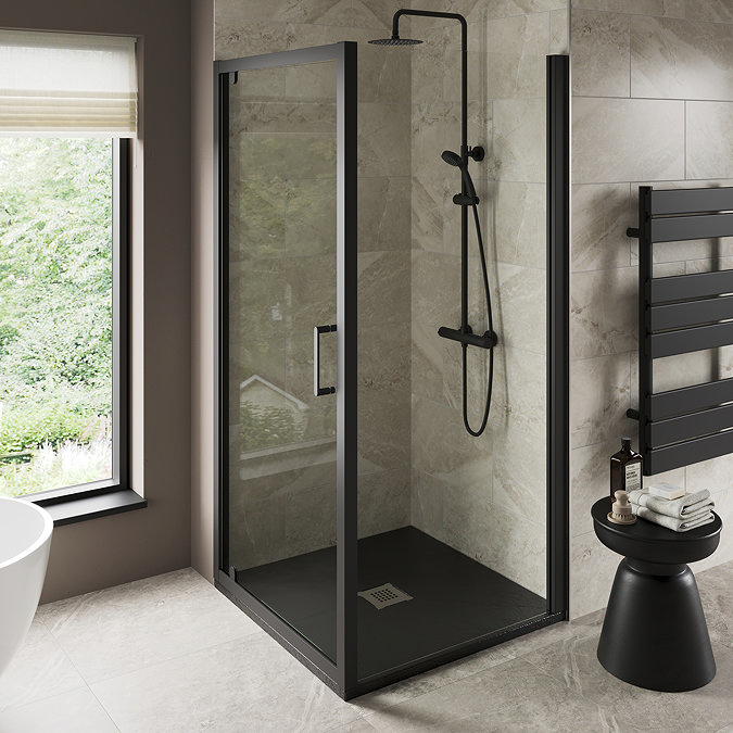 Imperia 900 x 900mm Black Slate Effect Square Shower Tray with Chrome Waste