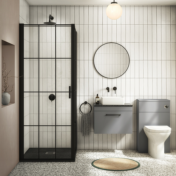 Imperia Black Slate Effect Square Shower Tray 800 x 800mm Inc. Chrome