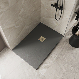 Imperia Graphite Slate Effect Rectangular Shower Tray 1000 x 700mm with Brushed Brass Waste