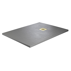 Imperia Graphite Slate Effect Rectangular Shower Tray 1000 x 700mm with Brushed Brass Waste