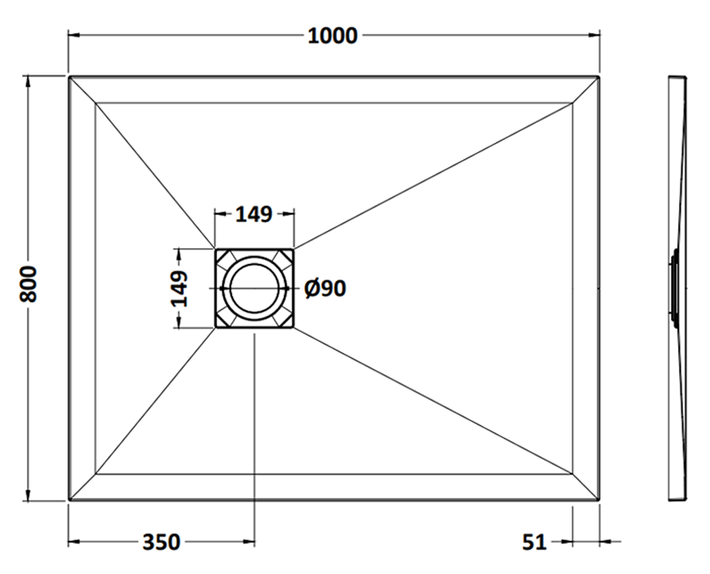 Imperia Graphite Slate Effect Rectangular Shower Tray 1000 x 800mm with Graphite Waste
