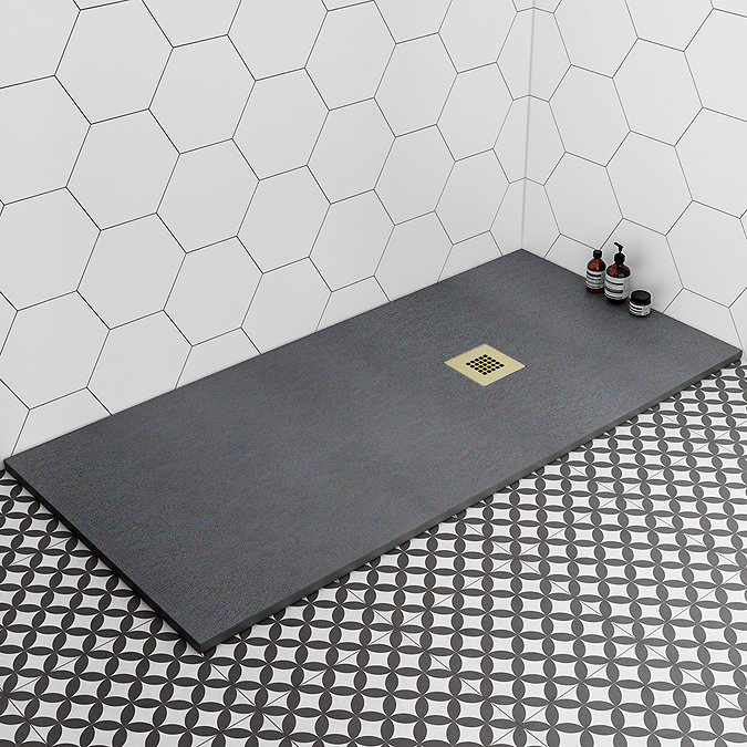 Imperia Graphite Slate Effect Rectangular Shower Tray 1700 x 700mm with Brushed Brass Waste