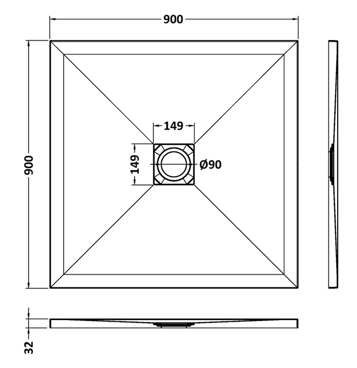 Imperia 900 x 900mm Graphite Slate Effect Square Tray + Chrome Waste