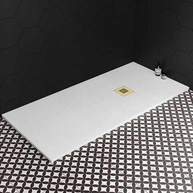 Imperia White Slate Effect Rectangular Shower Tray 1700 x 700mm with Brushed Brass Waste