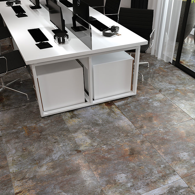 Industrial Metal Effect Floor Tiles - Grey - 600 x 600mm Large Image