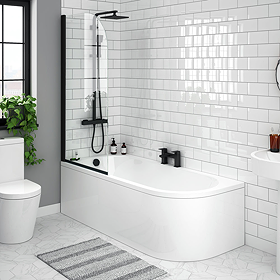 Arezzo Shower Bath (1700mm J Shaped with Matt Black Screen + Curved Panel)