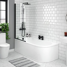 J-Shaped Shower Bath (1700mm with Matt Black Screen + Curved Panel) Medium Image