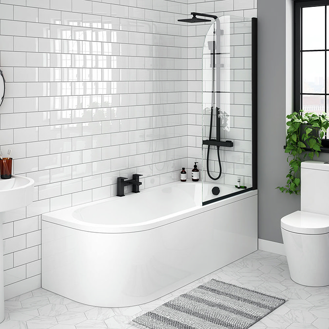 Arezzo RH Shower Bath (1700mm J Shaped with Matt Black Screen + Curved Panel) Large Image