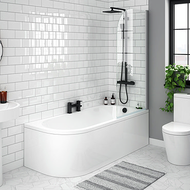 J-Shaped Shower Bath (1700mm with Screen + Curved Panel)  Feature Large Image
