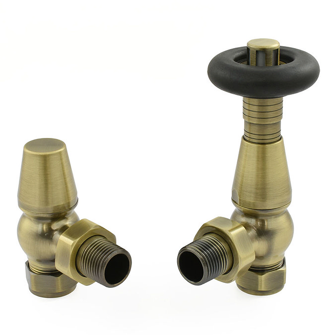 Jaguar Thermostatic Angled Radiator Valves - Antique Brass Large Image