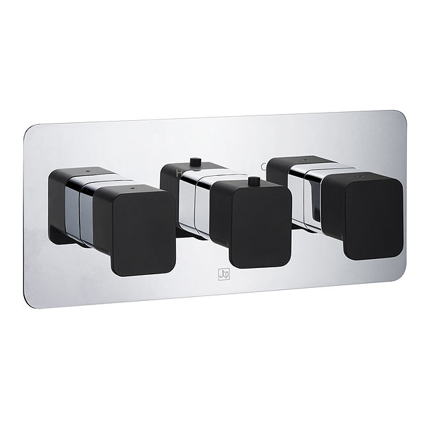 JTP Axel Twin Outlet Thermostatic Concealed Shower Valve Horizontal with Matt Black Handles Large Im