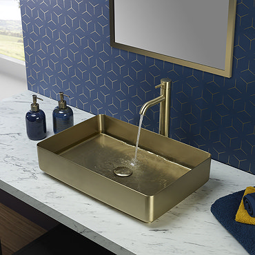 JTP Vos Brushed Brass Rectangular Stainless Steel Counter Top Basin + Waste