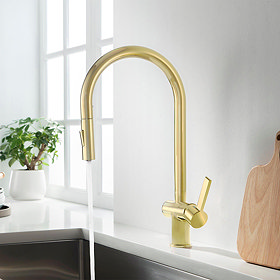 JTP Vos Brushed Brass Single Lever Kitchen Sink Mixer with Pull Out Spray Large Image