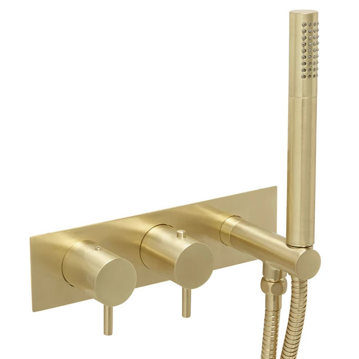 JTP Vos Brushed Brass Twin Outlet Thermostatic Shower Valve with Handset Large Image