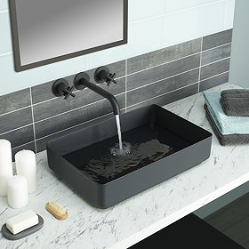 JTP Vos Matt Black Rectangular Stainless Steel Counter Top Basin + Waste Large Image