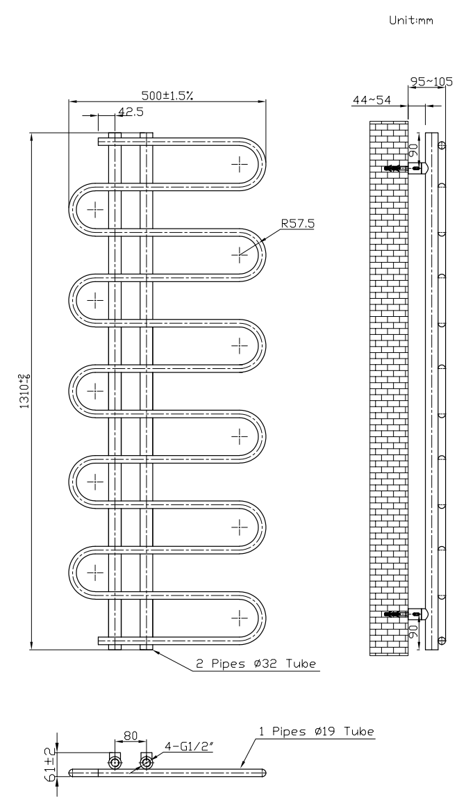 Kai Designer Heated Towel Rail H1310mm x W500mm Chrome