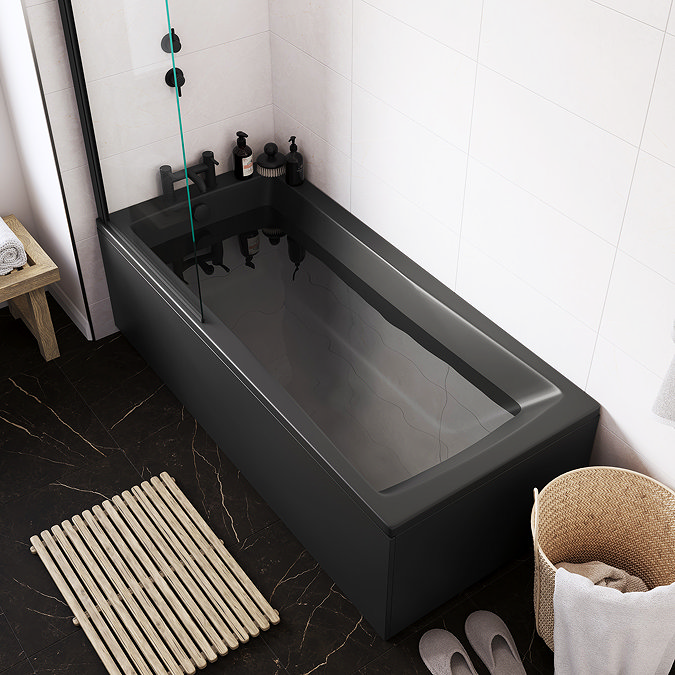 Kent Matt Black Single Ended Shower Bath with Matching Square Screen and Panel
