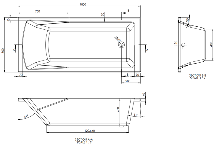 New Kent Square S/E Bath with Legset Matt Black - 1800x800
