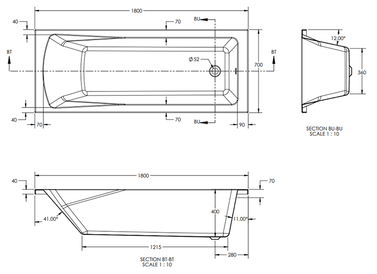 Kent Bath 1800 x 700 - Single Ended - Excludes Panels