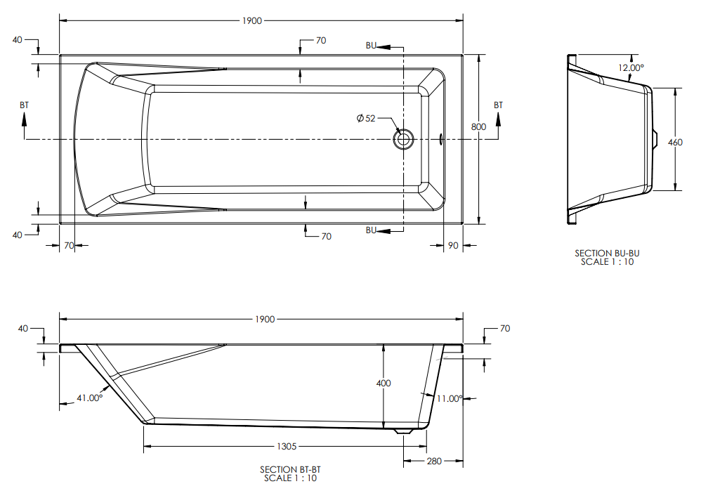 Kent Bath 1900 x 800 - Single Ended - Excludes Panels