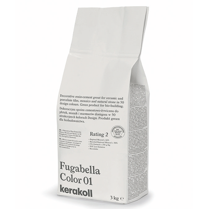 Kerakoll Fugabella Color white grout bag standing upright with folded top and printed product label.