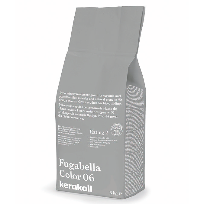 Kerakoll Fugabella Color grey grout bag standing upright with folded top and printed product label.