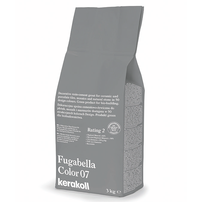 Kerakoll Fugabella Color grey grout bag standing upright with folded top and printed product label.