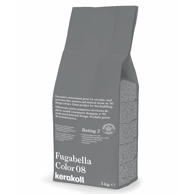 Kerakoll Fugabella Color grey grout bag standing upright with folded top and printed product label.