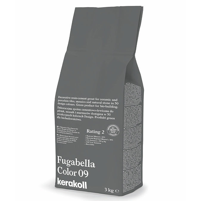 Kerakoll Fugabella Color grey grout bag standing upright with folded top and printed product label.