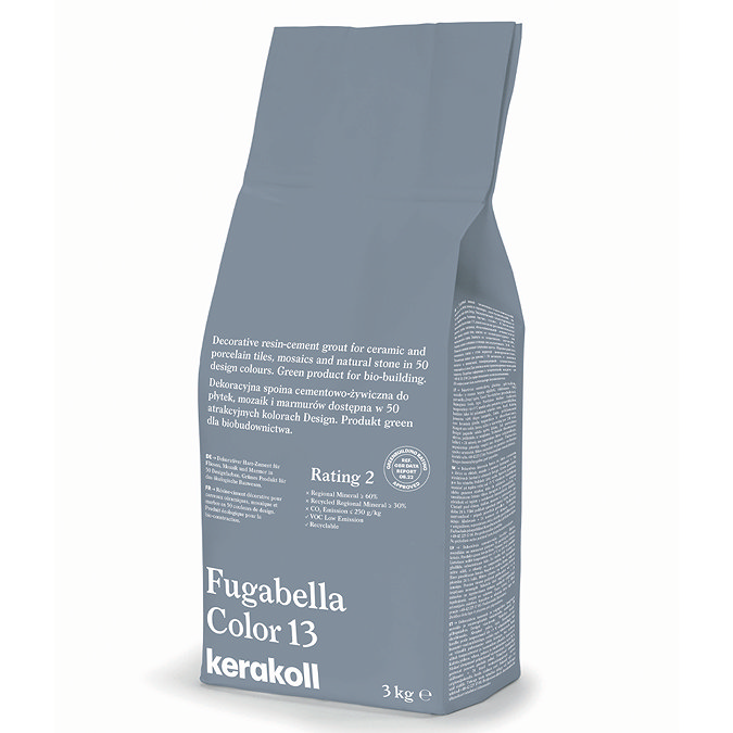 Kerakoll Fugabella Color blue-grey grout bag standing upright with folded top and printed product label.