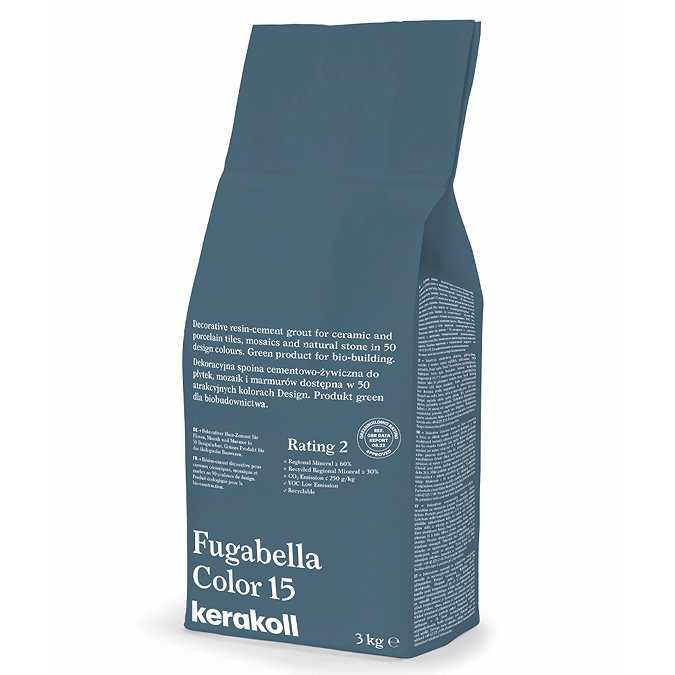 Kerakoll Fugabella Color blue grout bag standing upright with folded top and printed product label.
