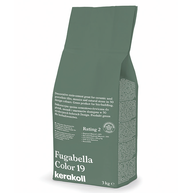 Kerakoll Fugabella Color green grout bag standing upright with folded top and printed product label.
