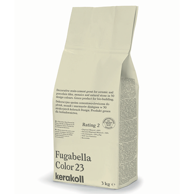 Kerakoll Fugabella Color cream-yellow grout bag standing upright with folded top and printed product label.