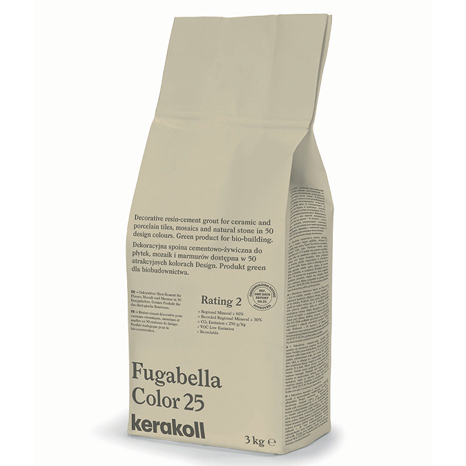 Kerakoll Fugabella Color beige grout bag standing upright with folded top and printed product label.